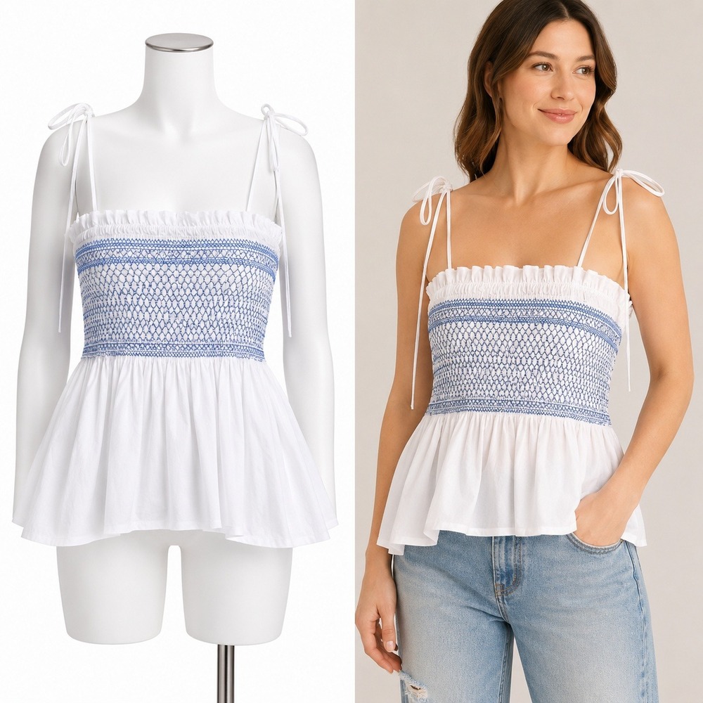 J.Crew Smocked Top Women XL White Blue Embroidered Tie Strap Peplum CA583 NEW